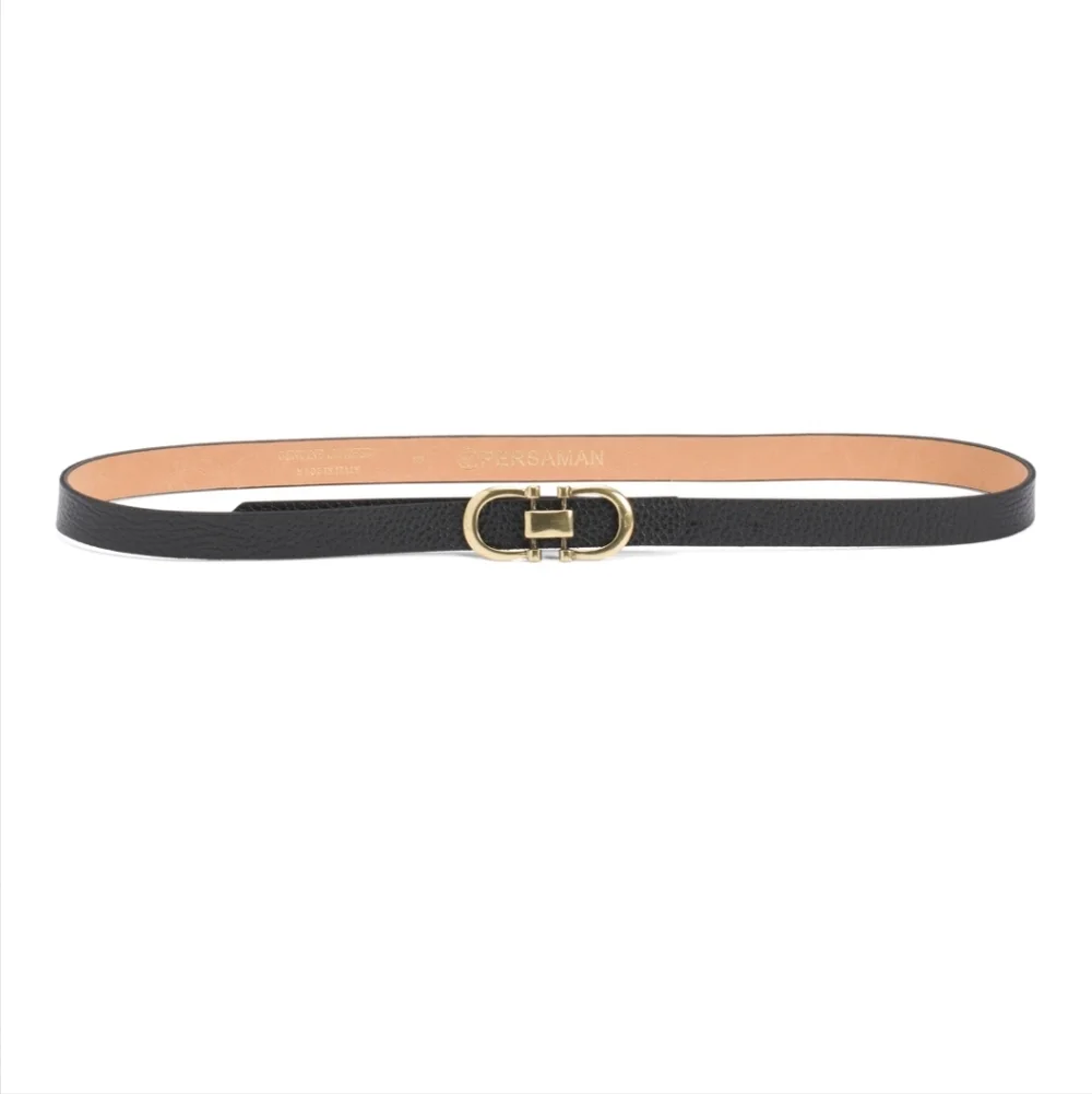 Persaman New York Women's Black Italian Leather Double Gold Tone Buckle Belt